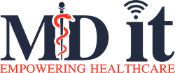 MD IT logo featuring a red caduceus symbol integrated with the text 