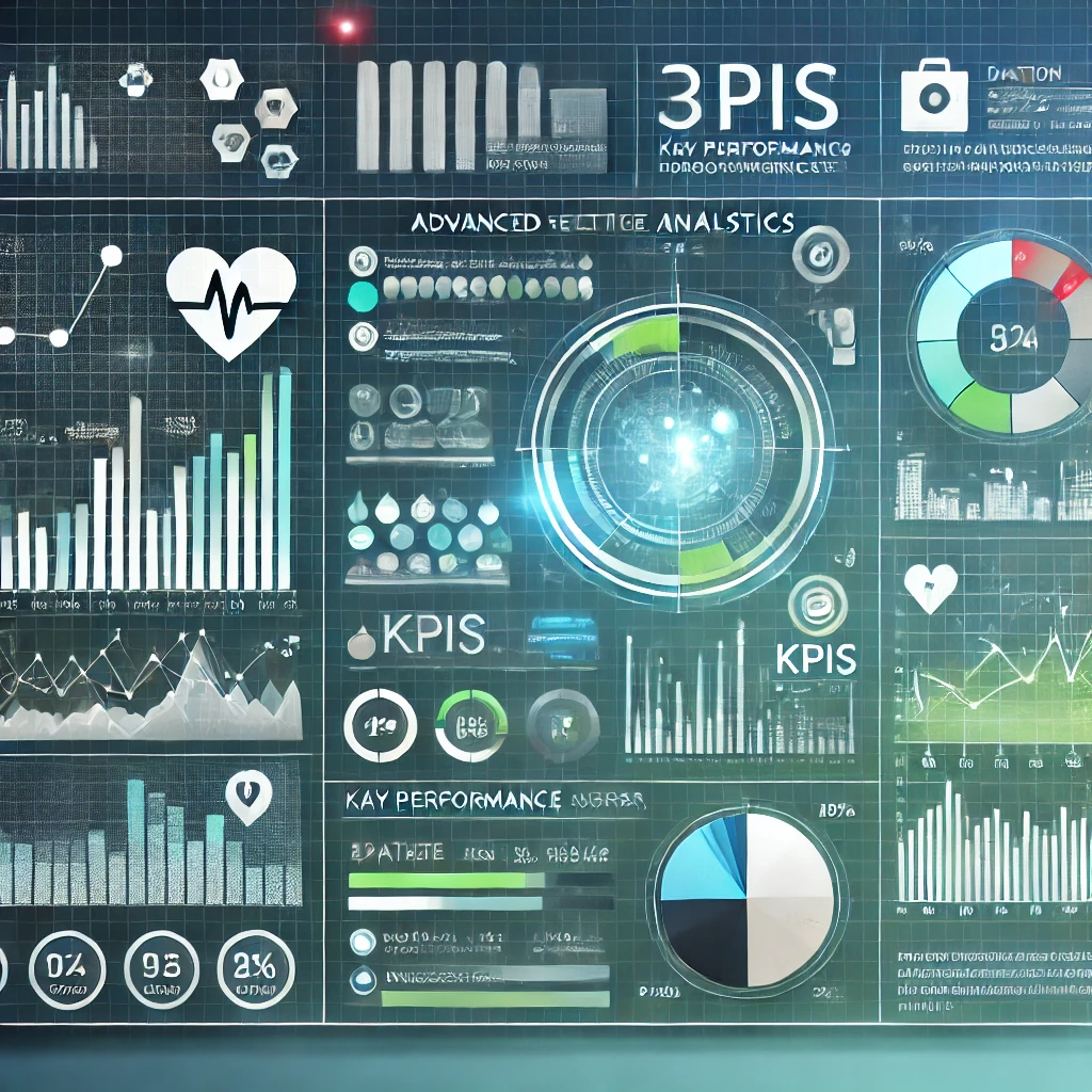 Illustration of a healthcare analytics dashboard featuring bar graphs, pie charts, and key performance indicators (KPIs), set on a sleek, modern interface with a blue-green gradient background.