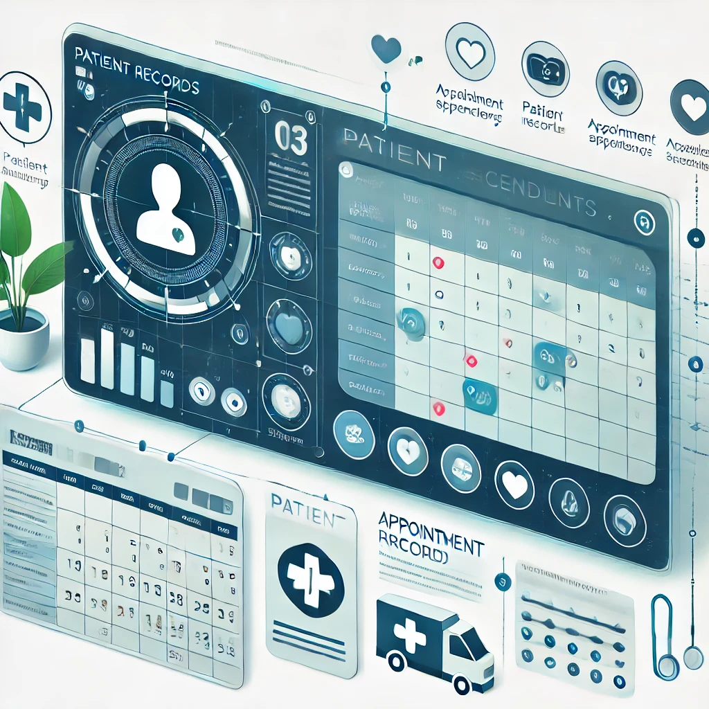 Illustration of a modern healthcare dashboard showing patient records and appointment scheduling tools, including a calendar with marked appointments and a detailed patient profile, designed with a blue-green gradient.