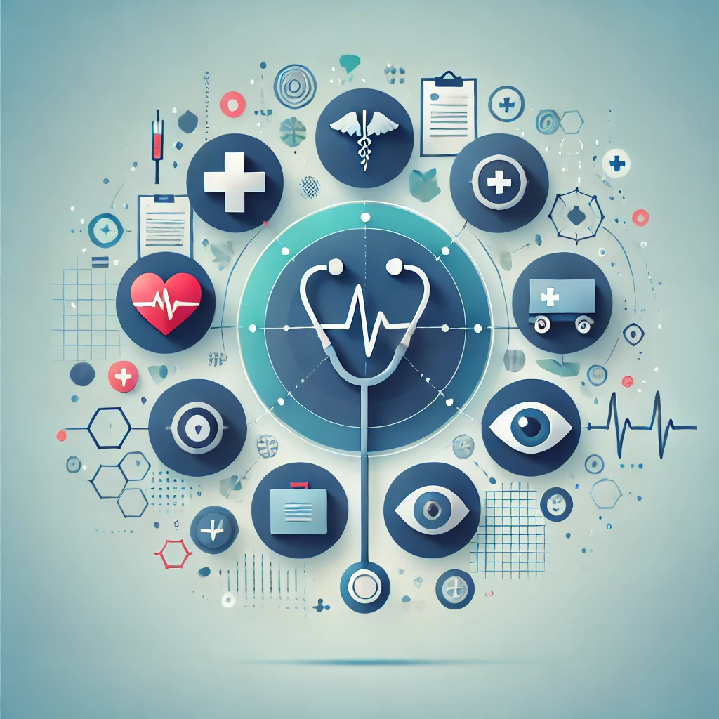 Illustration of a healthcare interface with icons representing medical specialties, such as a stethoscope, heart, eye, and brain, on a modern blue-green gradient background. The design highlights customised workflows for various specialties.