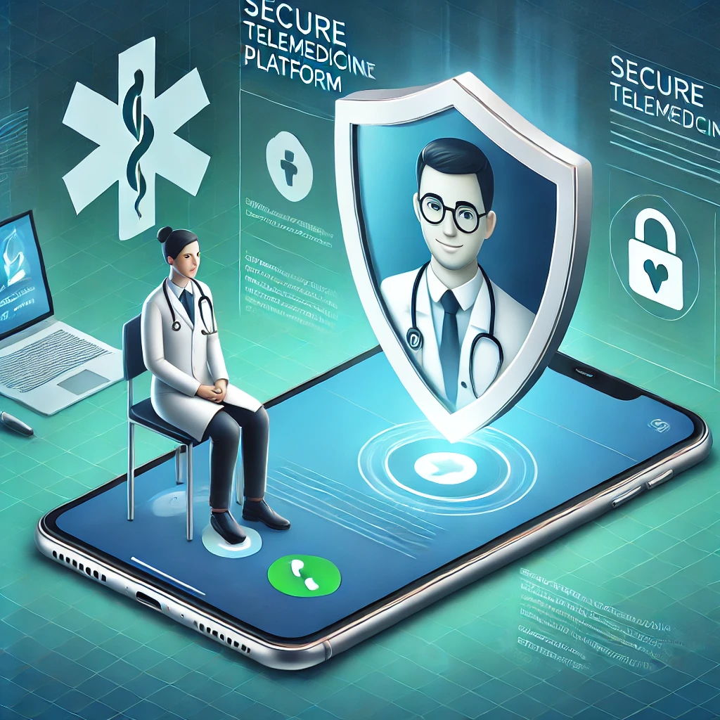 Illustration of a telemedicine platform showing a doctor and patient in a secure video consultation on a digital device, with a shield symbol representing security and a modern blue-green gradient background.