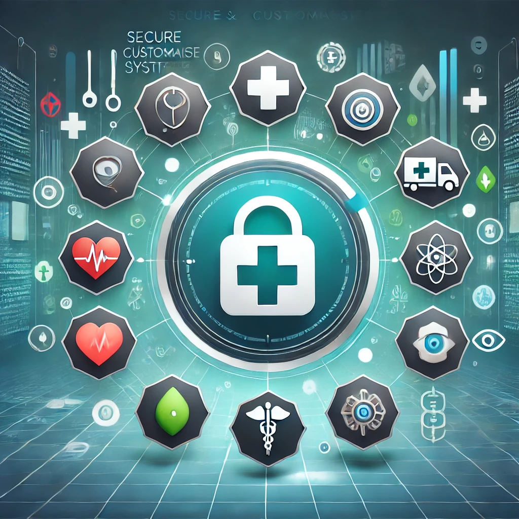 Illustration of a secure and customisable healthcare system featuring a central medical cross icon with a lock symbol, surrounded by various healthcare specialty icons such as a stethoscope, heart, eye, and ambulance, set against a modern digital interface with a blue-green gradient theme.