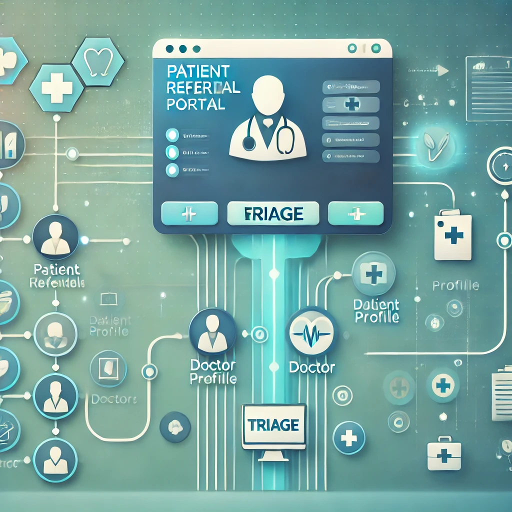 Illustration of a digital healthcare referral portal showing patient referrals being assigned to doctors or departments, with pathways and flow charts. The design includes icons like doctor profiles, folders, and connecting arrows, set against a blue-green gradient background.