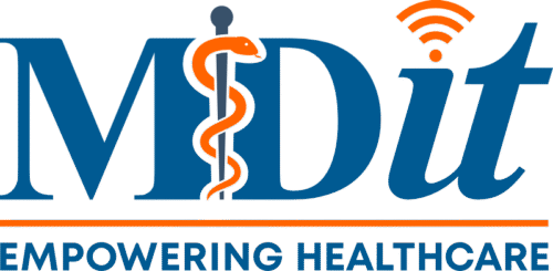 MD IT logo with a medical staff and wireless signal icon, accompanied by the tagline “Empowering Healthcare”