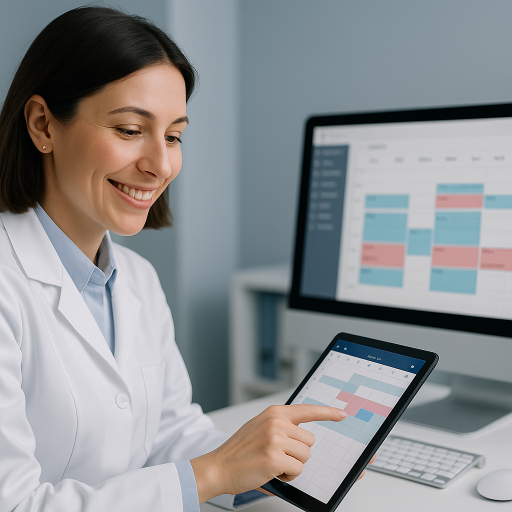 Appointments & Scheduling – Smiling Clinician Using Digital Calendar Female doctor smiling while using a tablet to view a digital appointment calendar, with a desktop screen displaying a full schedule