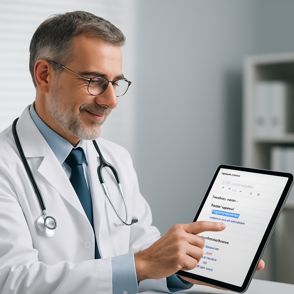 Examination Events – Male Doctor Using Structured Digital Template Male doctor reviewing a structured examination template on a tablet in a modern clinical office