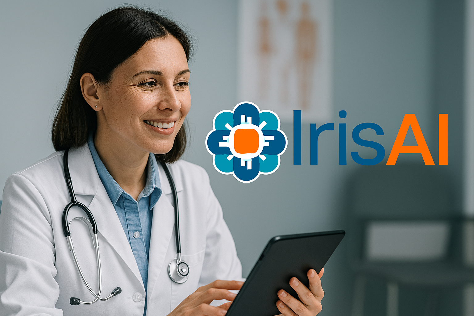 Iris AI in Action – Intelligent Clinical Documentation Female doctor using an AI-powered digital assistant during a patient consultation, with the Iris AI logo displayed on the screen