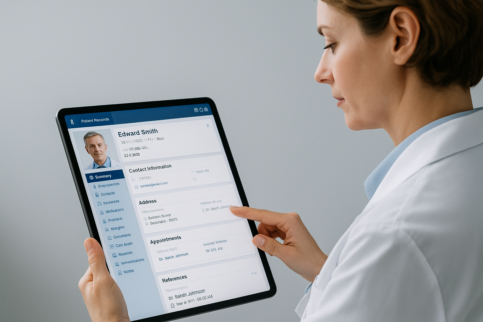 From demographics to referrals, documents, allergies, and communication preferences — everything in one place, accessible instantly. Healthcare professional reviewing an electronic patient record on a digital tablet in a clinical environment