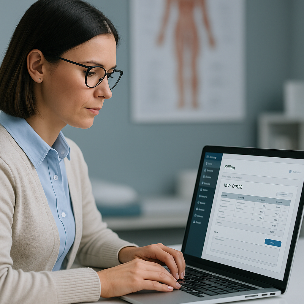 Digital Billing and Payments in Healthcare Practice manager reviewing digital invoices and payment records on a computer screen in a medical office