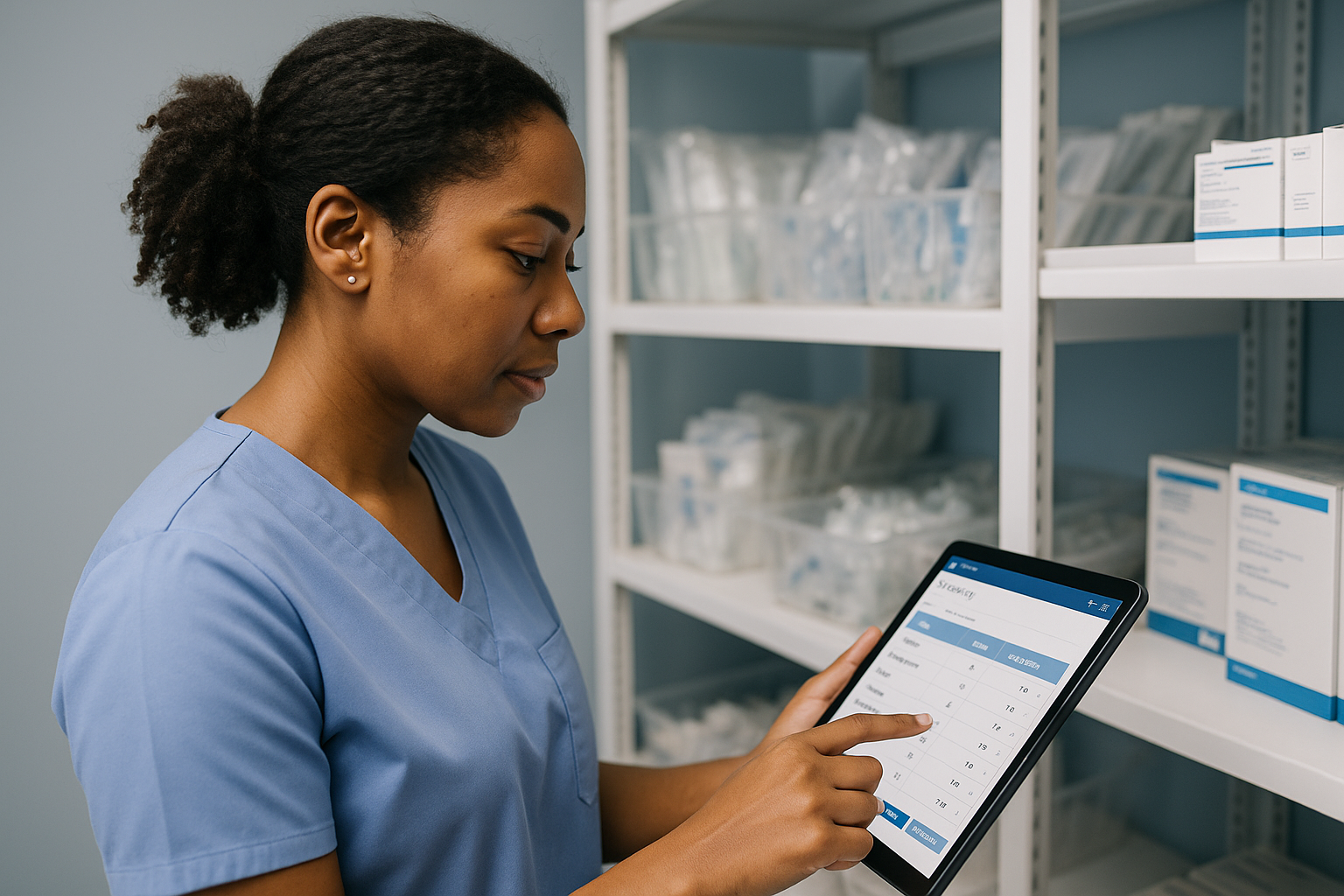 Track, allocate, and reorder medical stock with precision using real-time alerts and expiry-aware logic. Black female healthcare worker using a digital tablet to manage medical supplies in a clinical stockroom