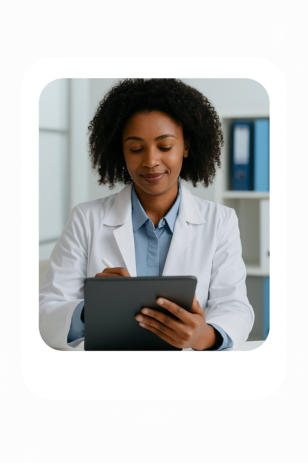 Clinician Digitally Reviewing Medical Document An African-American female clinician reviewing a document on a digital tablet in a modern clinical setting.