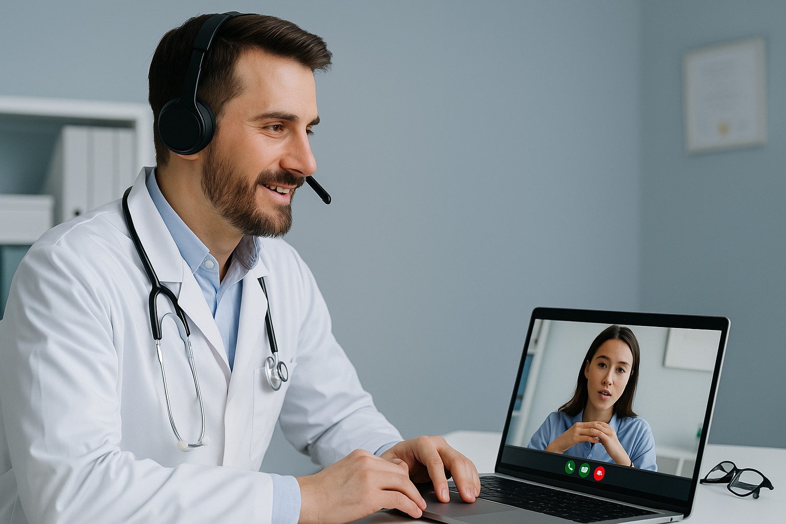 Doctor Conducting a Secure Video Consultation Male doctor in a clinical setting conducting a video consultation on a laptop