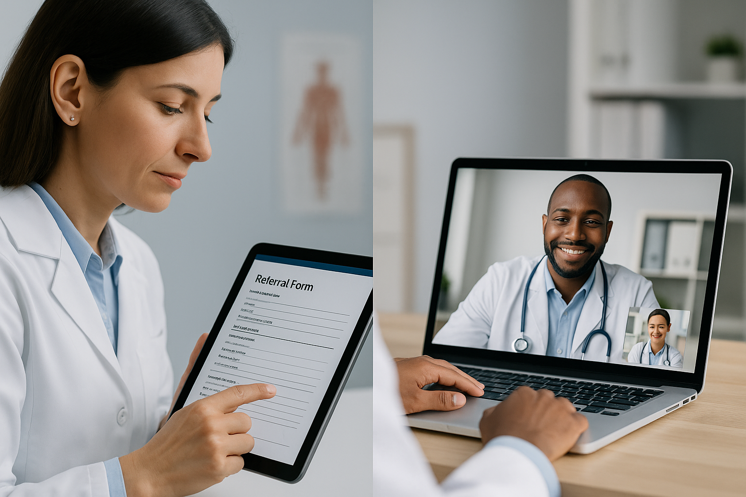 Split-Screen Image of Remote Medical Referral Between Clinicians Two healthcare professionals in different locations reviewing a digital patient referral form on screen