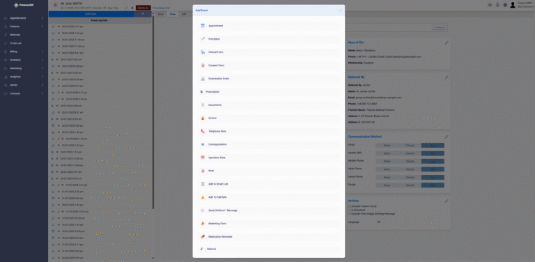 Screenshot of the “Add Event” modal in Panacea360, displaying a scrollable list of event types such as Appointment, Examination, Prescription, Operation Note, and Smart List.