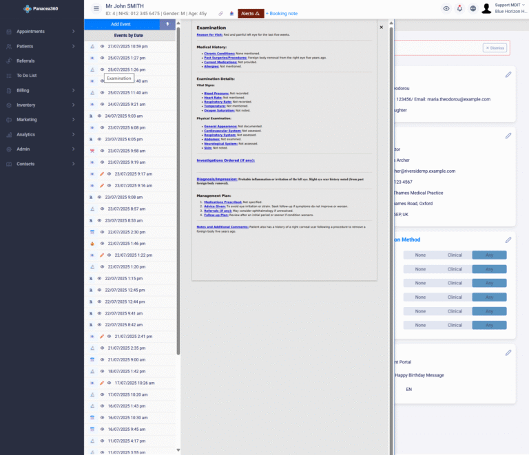 Screenshot of the event preview functionality in Panacea360, displaying a detailed examination note when hovering over an eye icon in the event timeline.