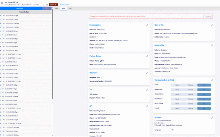 Screenshot of the Patient Record view in Panacea360, showing patient demographics, contacts, communication preferences, and a chronological event timeline.