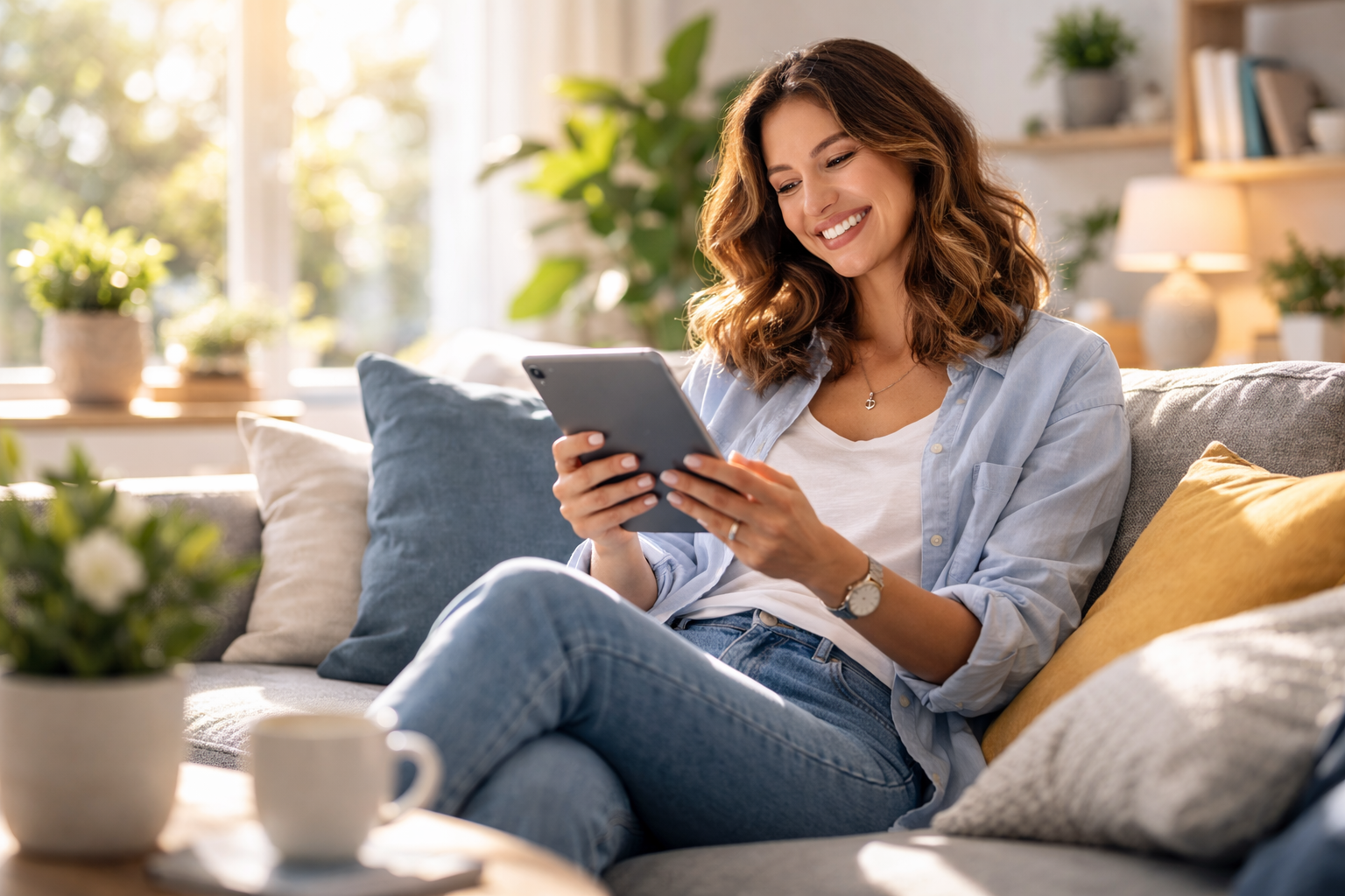Happy patient using a tablet to access a secure patient portal from home.