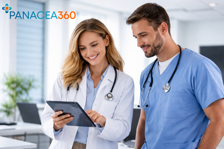 Two clinicians reviewing Panacea360 EPR on a tablet in a modern clinic